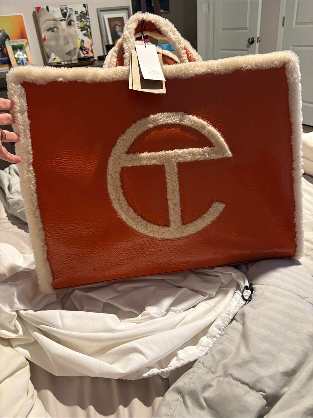 Telfar x Ugg  extra large Orange/Brown Shearling Trim Tote Bag with Logo Accent